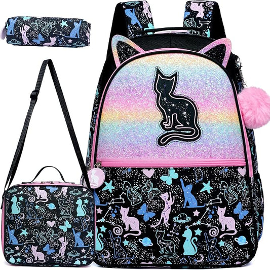 Cute Cat School Backpacks for Girls Backpacks for School Black Bookbag with Lunch Box for Elementary Students Ages 6-8 Years Old by MYHSBYO