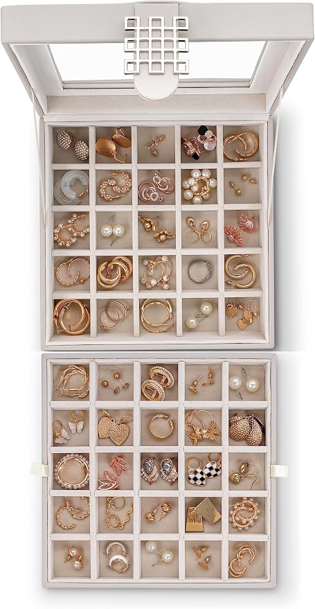 Glenor Co Earring Organizer - Classic 50 Section Jewelry Box/Case/Holder for Earrings, Rings, Necklaces, Jewelry, Cufflinks or Collections -2 Layer Small Compartments with Large Glass Top - Grey - Image 4