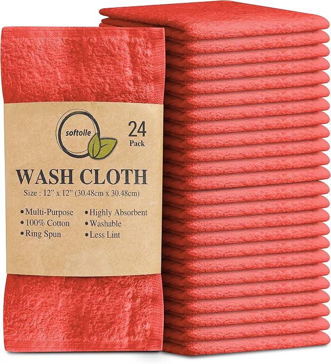 100% Cotton Washcloths 24 Pack (12x12 Inches) Soft, Highly Absorbent Washcloth, Face Towels, Wash Cloths for Face, Ring Spun, Bulk Pack (Coral) by Softolle