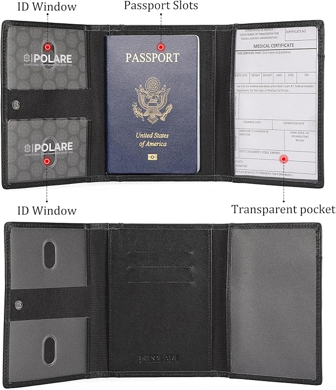 Polare Napa Leather Pilot Wallet Passport Holder RFID Blocking Tri-fold Travel Cover Document Organizer for Aviation Professionals (Black) - Image 6