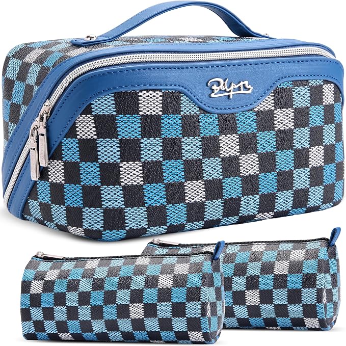 BOYATU Travel Makeup Bag Organizer Cosmetic Bag: 3 Pcs Set Make up Bags for Women with Handle - Waterproof Vegan Leather Toiletry Bag (01-H-Blue) by BOYATU