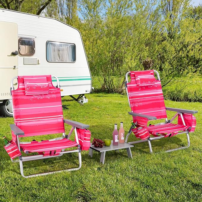 Giantex Folding Beach Chair, Patio Sling Chairs with 5 Adjustable Position, Head Pillow, Storage Bag, Towel Bar, Cup Holders, Backpack Chairs for Sunbathing, Camping Chair - Image 9