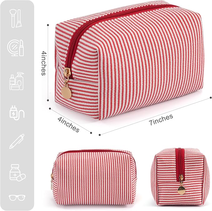 Makeup Bag Set for Women, 12PCS Travel Cosmetic Bags Pencil Case, Striped Seersucker Toiletry Organizer Pouches, Cute Makeup Pouch for Purse, Accessories and Gifts, Red - Image 2