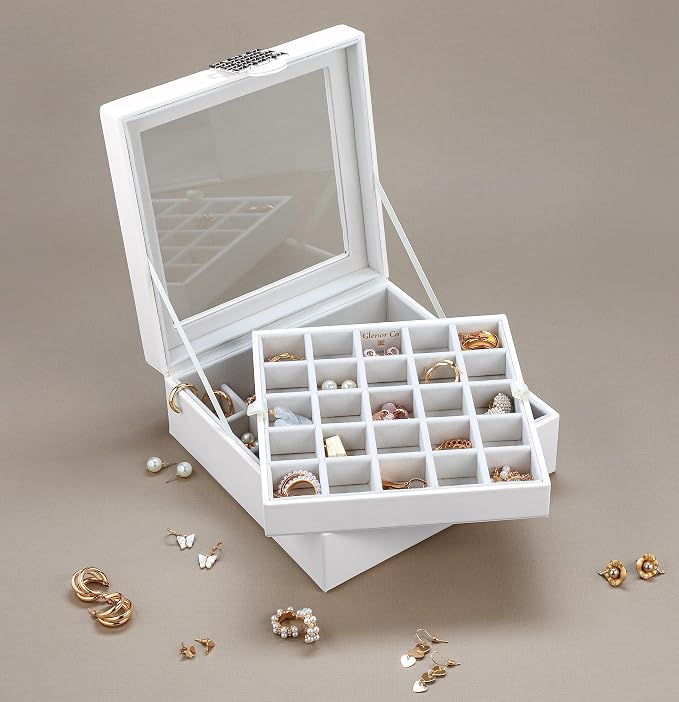 Glenor Co Earring Organizer - Classic 50 Section Jewelry Box/Case/Holder for Earrings, Rings, Necklaces, Jewelry, Cufflinks or Collections -2 Layer Small Compartments with Large Glass Top - White - Image 5