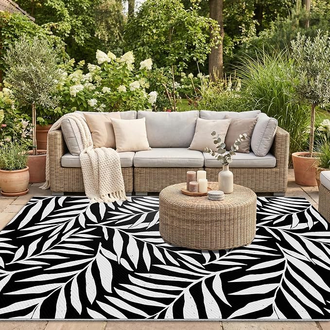 Smiry Outdoor Rug 5x8 ft, Waterproof Reversible Plastic Straw Rugs, Outdoor Area Rug with Leaf Pattern, Outside Floor Mat for Patio, Backyard, Deck, Picnic, Beach, Camping, Black & White - Image 5