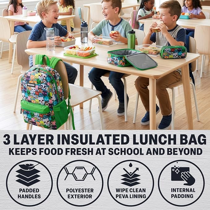 Get Trend Minecraft Kids Backpack Set for Boys with Insulated Lunch Bag & Pencil Case, 3 Pc Book Bag with Padded Straps for School, Travel, Creeper Gamer Gifts for Boys (Green/Multi Minecraft) - Image 3