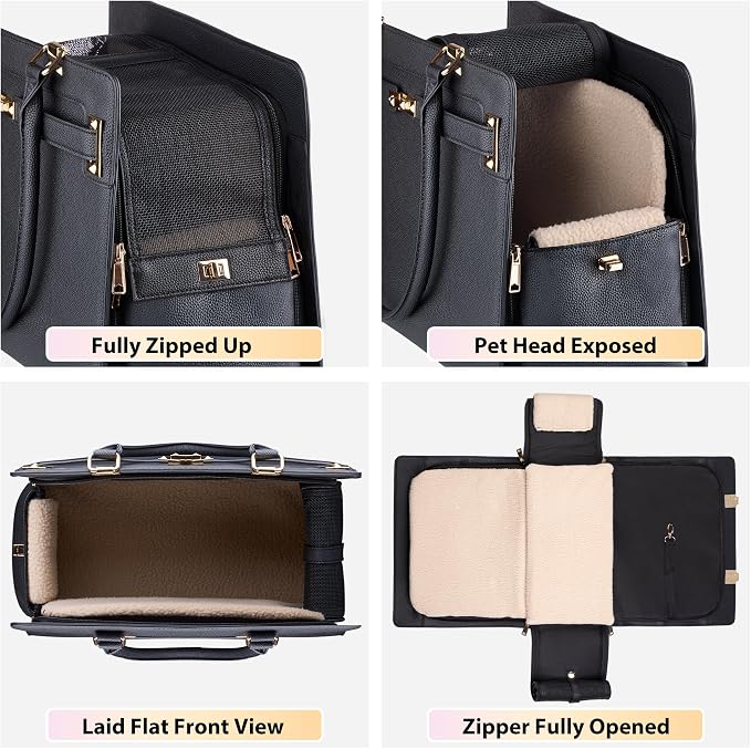 Dog Purse Carrier for Small Dogs, Stylish Foldable Pet Carrier Purse Tote Bag with Washable Cushion & Safety Leash, Airline Approved Puppy Travel Bag with Pockets (Black) - Image 6