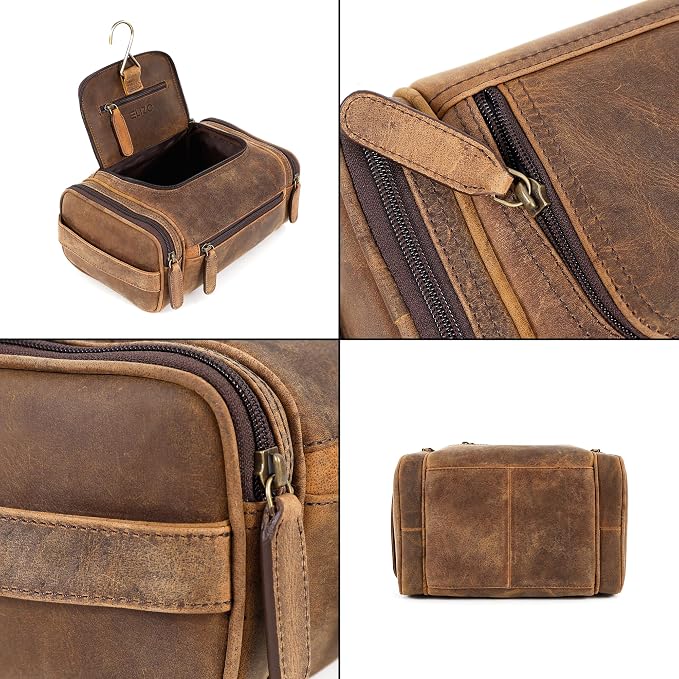 ELIZO Real Leather Toiletry Bag for Men - Large Hanging Travel Organizer for Toiletries, Ideal for Dopp Kit & Shaving Kit for Men, Essential Mens Travel Toiletry Bag for Toiletries (Grizzly) - Image 7