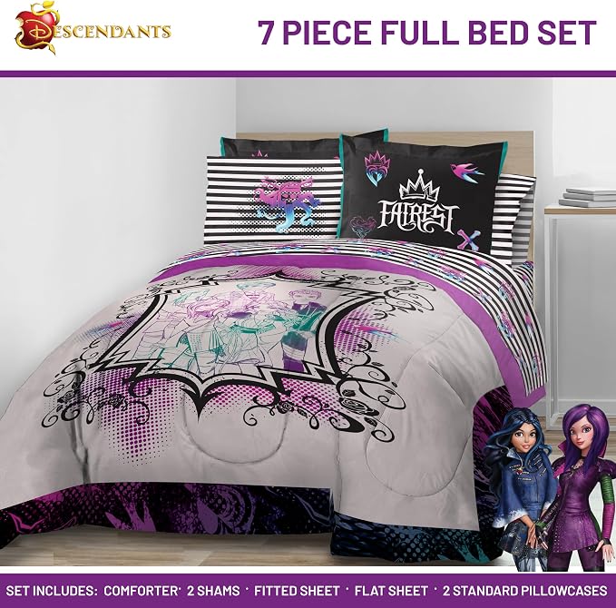 Jay Franco Kids Comforter Set Includes Sheets and Pillow Cover - Soft and Cozy Bed Set for Stylish Room Décor, Multi - Descendants, 7 Piece Full - Image 2