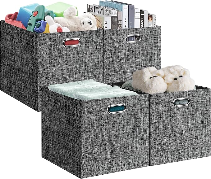Posprica 13x15x13in Collapsible Storage Bins, Fabric Foldable Cube Storage Boxes, Decorative Storage Baskets Organizer for IKEA Kallax, Shelves, Closet, Clothes, Set of 4-Black by Posprica