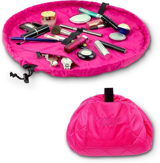 Lay-n-Go Cosmo Layflat Drawstring Cosmetic & Makeup Bag Organizer w/Zipper Pocket, Brush Loops & More, Cinch to Close, Lay Flat to Use, Durable, Machine Wash, Travel Toiletry Bag (20", Pink) - Image 4