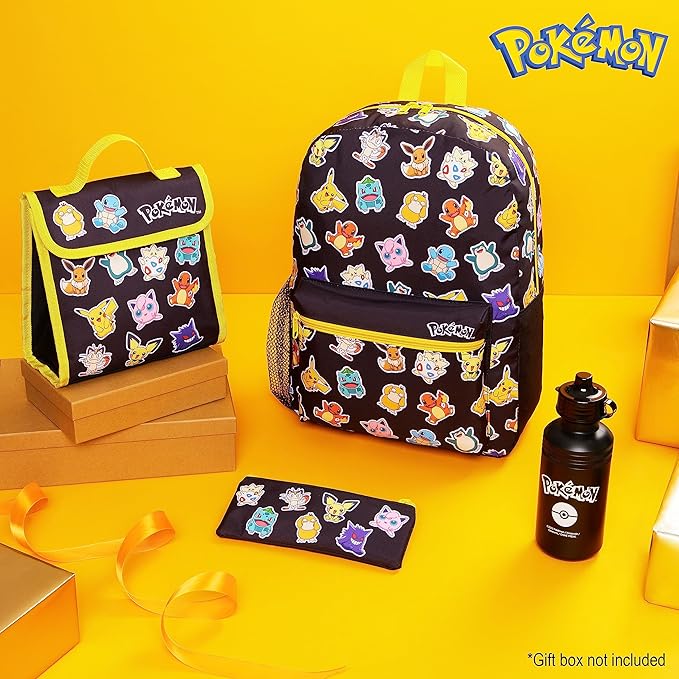 Pokemon Backpack Set 4 Pcs for Kids with Backpack Water Bottle Pencil Case Lunch Bag or Wallet Anime School Supplies Gifts (Black/Multi) - Image 2