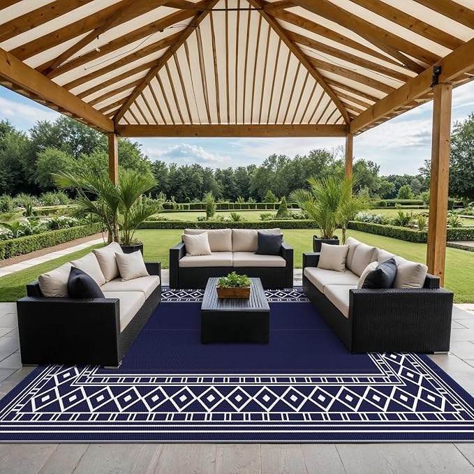 GENIMO Outdoor Rug, Waterproof Plastic Rugs 10'x14' for Camping Blue White | Outside Larger Modern Carpet Mat for Porch Decor, Deck, Balcony, Camping, RV, Backyard, Picnic, Beach, Reversible - Image 3