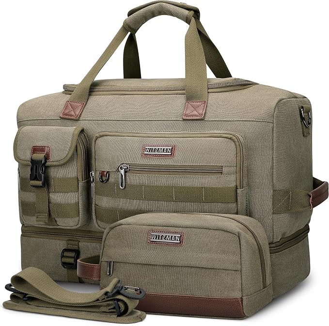 WITZMAN Duffle Bag for Men 50L Travel Canvas Weekender with Toiletry Bag | With Shoe Compartment and Dry-wet Pocket, Convertible, Carry On, One Duffel for Gym, Sports, Overnight, A8010/2 Army Green by WITZMAN