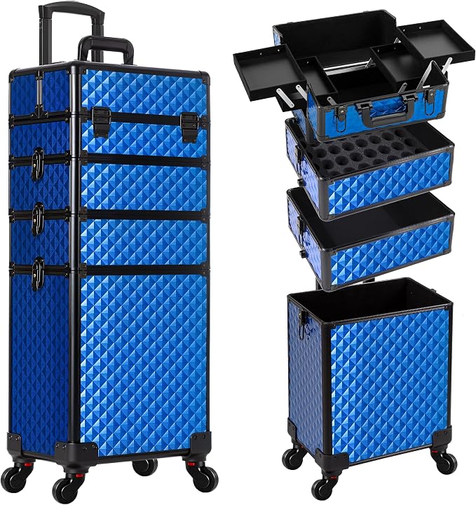AROUS Rolling Makeup Train Case 4 in 1 Cosmetology Case on Wheels Large Storage Cosmetic Trolley with Key Salon Barber Traveling Cart Trunk, Blue by Unknown
