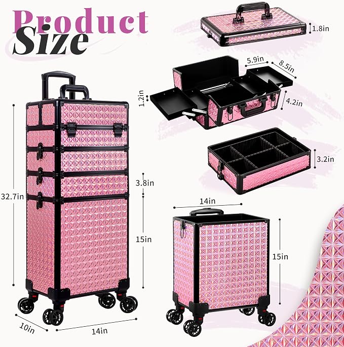 AROUS 5 in 1 Rolling Makeup Train Case with Lid Cosmetology Case on Wheels | Large Cosmetic Trolley Organizer with Keys Salon Barber Case Traveling Cart Trunk for Artist Hairstylists Nail Tech, Pink - Image 3