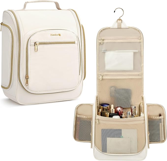 Hanke Hanging Travel Toiletry Bag for Men and Women, Water-Resistant Toiletries Bag Makeup Organizer with Hook, Cosmetic Bag for Bathroom & Travel Essentials Accessories, Off White by Hanke