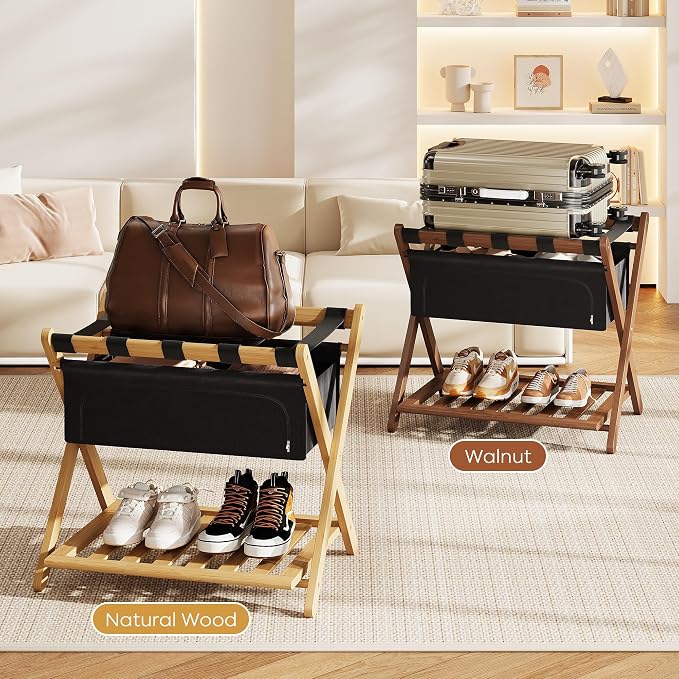 Full Assembled 26.77"L Luggage Rack for Guest Room, Set of 2 Foldable Suitcase Stand with 5 Nylon Straps & Cloth Bag, Luggage Stand Holder with Shoe Shelf for Suitcases Hotel (Natural Wood Bamboo) - Image 8
