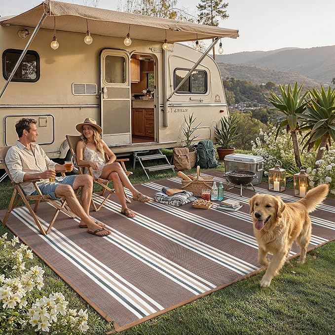 PureCozy Outdoor Waterproof 8x10 Rug for Patio Reversible Plastic Straw Brown Striped Camping Mat Outside Lightweight Large Floor Mat for RV Deck Beach Balcony Picnic Backyard Entry Porch by PureCozy