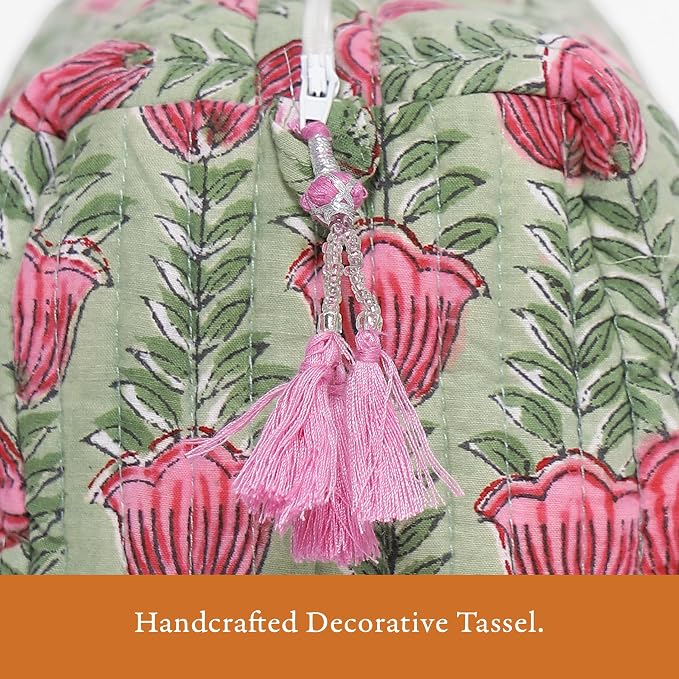 Saffron Marigold Quilted Makeup Bag Set of 3, Hand Block Printed Cotton Cosmetic Bags for Women, Waterproof Lined Travel Toiletry Bag, Coquette Floral Aesthetic, Handmade Gift, Tulip Rain - Image 4