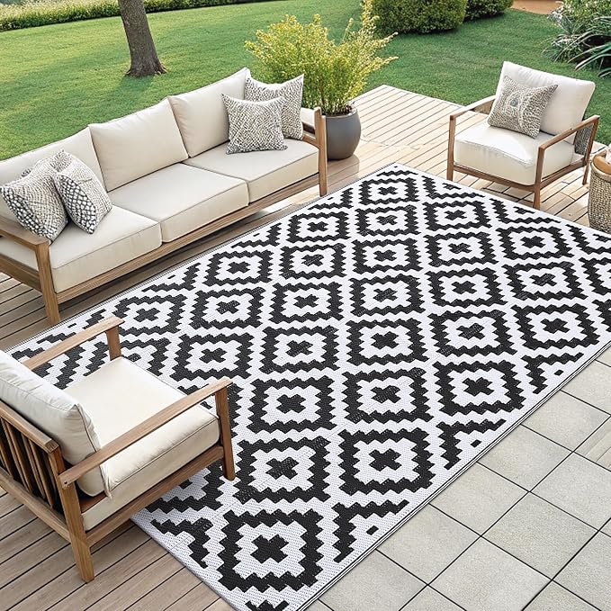 Smiry Waterproof Outdoor Rug 9X18 ft, Reversible Plastic Straw Patio Camping Rugs, Outdoor Indoor RV Mat Carpet for Patio, Outside Entry, Backyard, Deck, Bench, Picnic, Camper, Black & White - Image 7