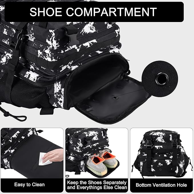 LHI Military Tactical Backpack for Men and Women 45L Army 3 Days Assault Pack Bag Large Rucksack with Shoe Compartment - Black Lightning - Image 4