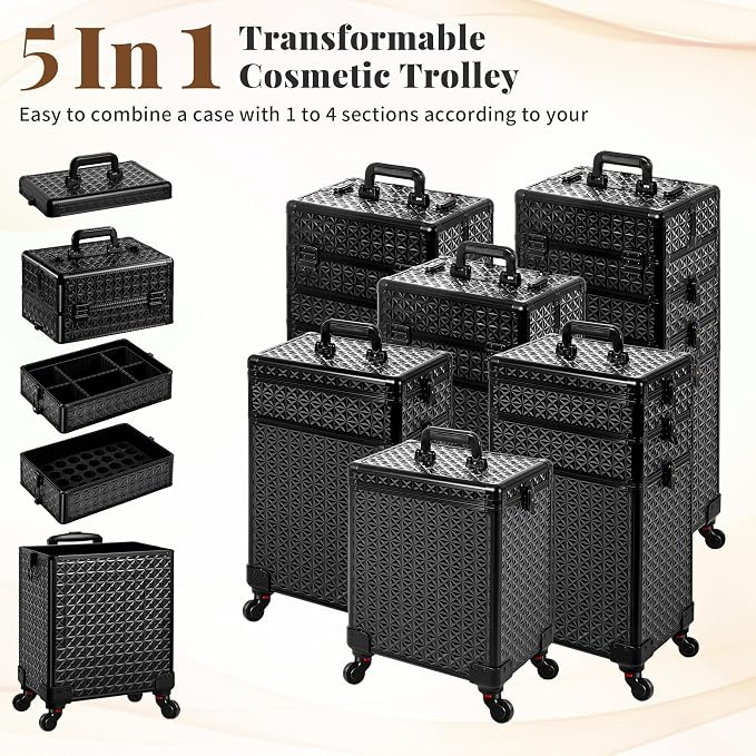 AROUS 5 in 1 Rolling Makeup Train Case with Lid Cosmetology Case on Wheels | Large Cosmetic Trolley Organizer with Keys Salon Barber Case Traveling Cart Trunk for Artist Hairstylists Nail Tech, Black - Image 2
