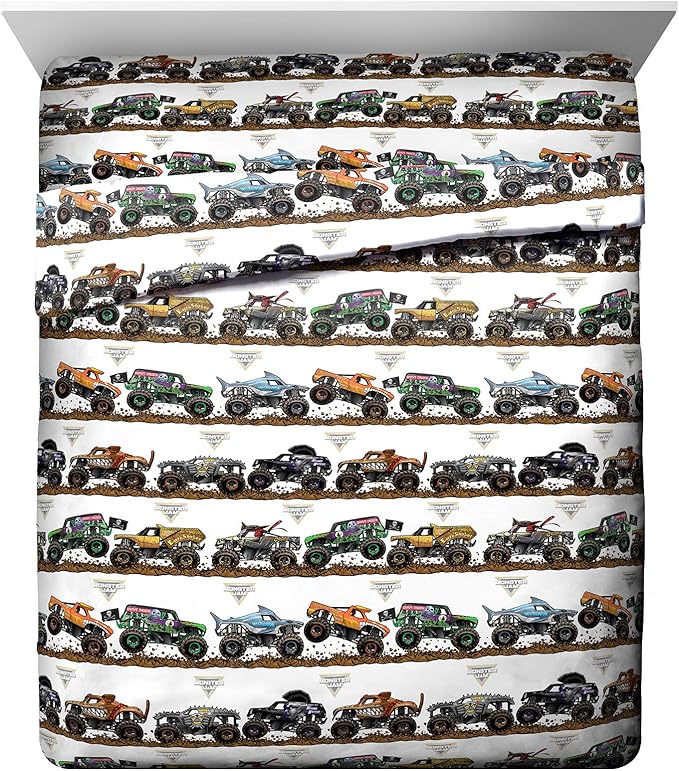 Jay Franco Kids Sheet Set with Fitted, Flat Sheets & Pillow Cover - Ultra-Soft Bedding with Pillowcase for Room Decor, Multi - Monster Jam, 4 Piece Queen by JayFranco