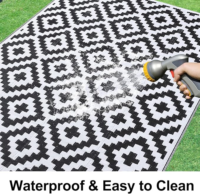 Smiry Waterproof Outdoor Rug 5x8 ft, Reversible Plastic Straw Patio Camping Rugs, Outdoor Indoor RV Mat Carpet for Patio, Outside Entry, Backyard, Deck, Bench, Picnic, Camper, Black & White - Image 2