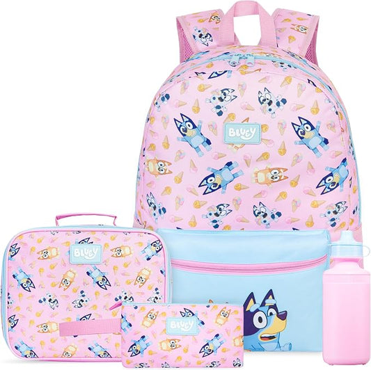 Get Trend Bluey Girls Backpack, Lunch Bag, Pencil Case, Water Bottle | 4 Piece Set, 18 inch Bookbag, Insulated Lunch Bag, Pencil Pouch & 16.9 fl oz BPA-Free Water Bottle, School, Gifts for Girls by GetTrend