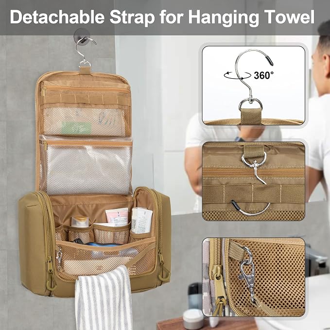 Tactical Toiletry Travel Bag for Men, Hanging Dopp Kit Hygiene Bag Shower Organizer with Hook for Toiletries and Shaving Care, Khaki (Empty Bag) - Image 5