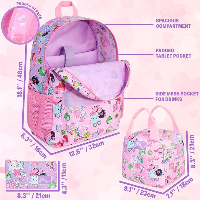 Get Trend Sanrio Squishmallows Girls Backpack, Lunch Bag & Pencil Case Set | 18 inch Kids Bookbag, Adjustable Padded Straps, Insulated Lunch Bag, Zipped Pencil Pouch, School Supplies, Gifts for Girls - Image 3