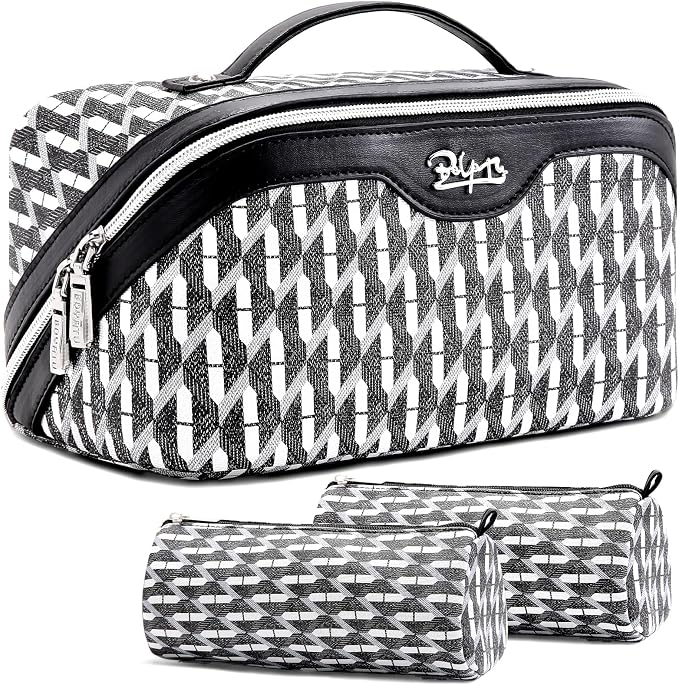 BOYATU Travel Makeup Bags for Women: Large Capacity Cosmetic Bag Set of 3 - Vegan Leather Make up Bags with Compartments - Wide Open Waterproof Toiletry Organizer Bag with Handle (P-04-Black) by BOYATU