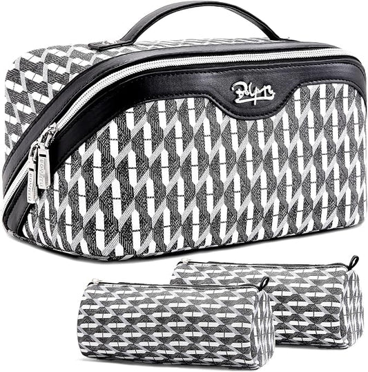 BOYATU Travel Makeup Bags for Women: Large Capacity Cosmetic Bag Set of 3 - Vegan Leather Make up Bags with Compartments - Wide Open Waterproof Toiletry Organizer Bag with Handle (P-04-Black) by BOYATU