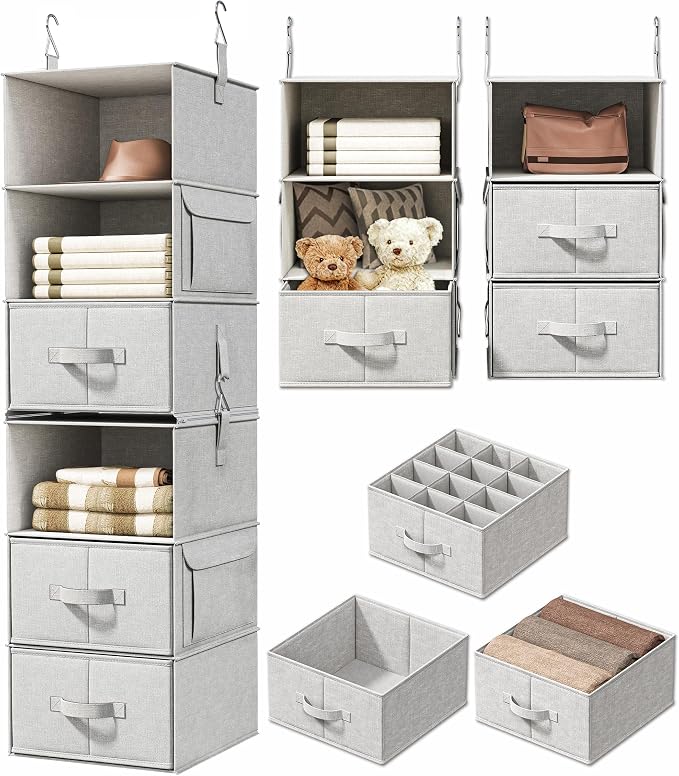 Vailando 6-Shelf Hanging Closet Organizer with 3 Drawers, 2 Separable 3-Shelf Closet Organizers and Storage for Wardrobe Organization, Hanging Dresser for Nursury & Dorm Clothes Organizer by Vailando
