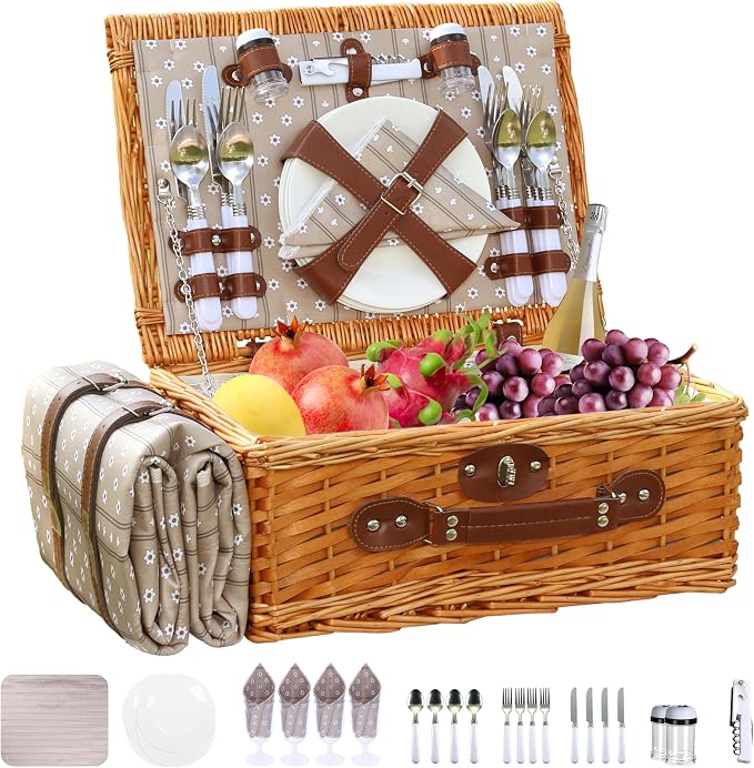 Picnic Basket Set for 4 with Waterproof Blanket Mat Insulation Bag Wicker Floral Brown Classic Fresh for Christmas Thanksgiving Wedding Birthday Camp Outdoor Beach Travel by YPshuye