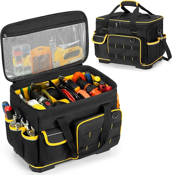 Marscamd 16-inch Tool Bag with Hard Bottom and a Detachable Divider | Heavy Duty Tool Tote with Multiple Pockets & Detachable Shoulder Strap, Black by Marscamd