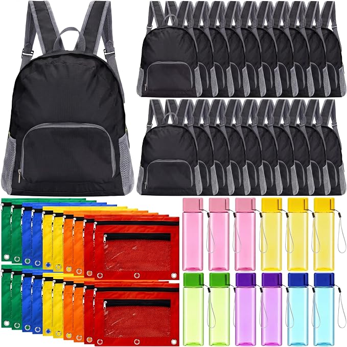 60 Pcs Bulk Backpacks Water Bottle Pencil Pouch Supplies, Backpack Donate Set, Lightweight Book Bags for Outdoor Travel(Square Bottle, Black) by Bulyoou