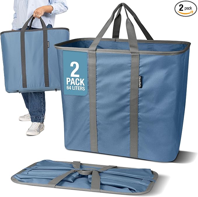 CleverMade Collapsible Laundry Caddy, 64L, 2 Pack, Pop-Up Hamper, Denim | Built-in handles and upright structure make clothes easy to carry from bedroom to washer, then save space in closets & dorms by CleverMade