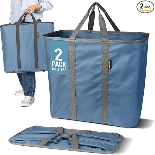 CleverMade Collapsible Laundry Caddy, 64L, 2 Pack, Pop-Up Hamper, Denim | Built-in handles and upright structure make clothes easy to carry from bedroom to washer, then save space in closets & dorms by CleverMade