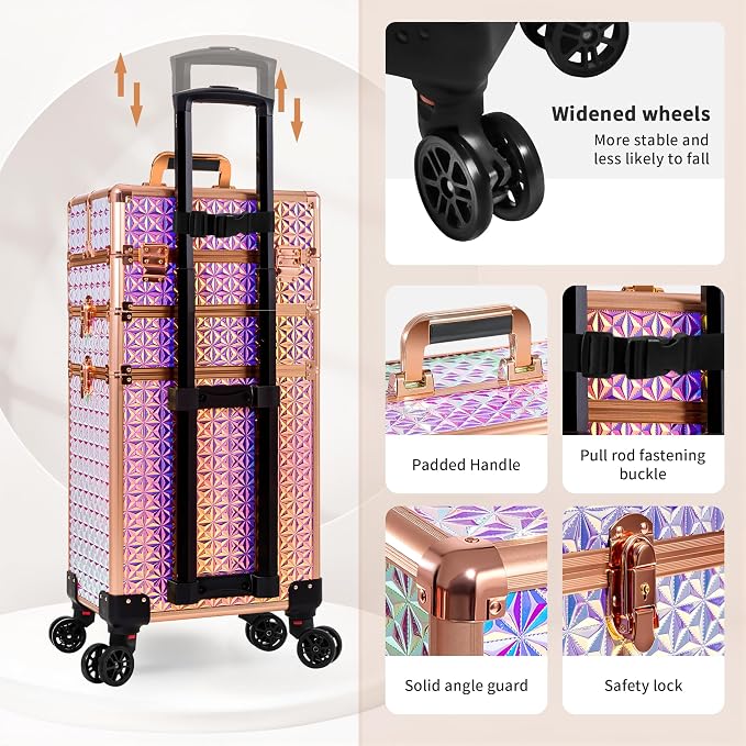 Rolling Makeup Train Case Cosmetology Case on Wheels, Colorful | Large Cosmetic Trolley Organizer with Keys Salon Barber Case Traveling Cart Trunk for Artist Hairstylists Nail Tech - Image 7