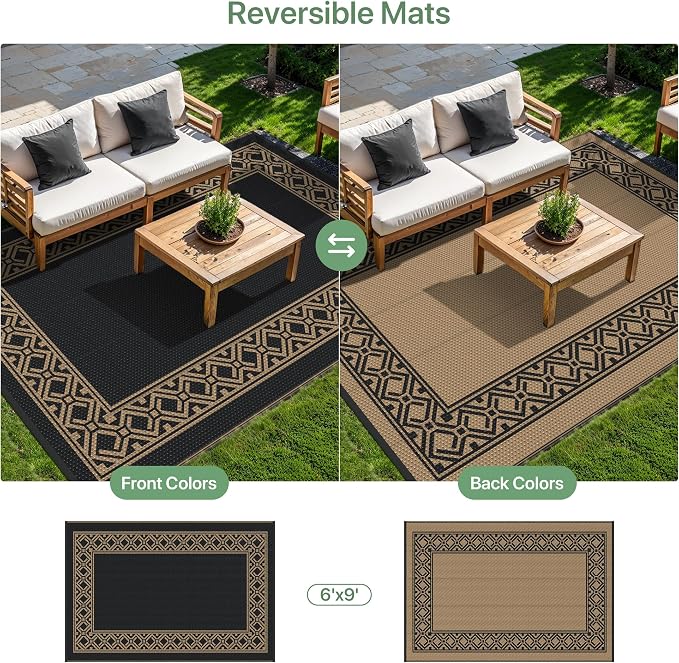 GENIMO Outdoor Rug, Waterproof Plastic Rugs for Patio, 6'x9' Blcak Brown | Outside Larger Modern Carpet Mat for Porch Decor, Deck, Balcony, Camping, RV, Backyard, Picnic, Beach, Reversible - Image 5