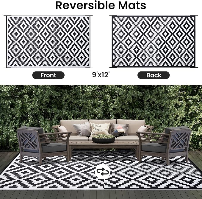 Smiry Waterproof Outdoor Rug 9x12 ft, Reversible Plastic Straw Patio Camping Rugs, Outdoor Indoor RV Mat Carpet for Patio, Outside Entry, Backyard, Deck, Bench, Picnic, Camper, Black & White - Image 3