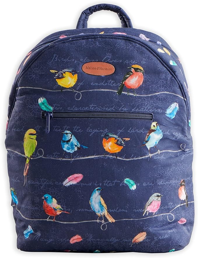 Maison d' Hermine Backpack for Women Men Cotton Shoulder Multipurpose Rucksack with Small Pouch Lightweight Multi Pocket Bag for Travel Work Perfect for Spring Summer (Birdies on Wire - Navy) by MaisondHermine