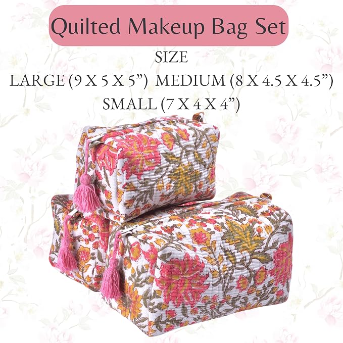 Quilted Floral Block Print Makeup Bag Set of 3 – Cotton Travel Toiletry and Makeup Organizer, Cosmetic Pouch, Toiletry Bag for Women, Cute Boho Coquette Make Up Bags for Women (Small, Medium, Large) - Image 2