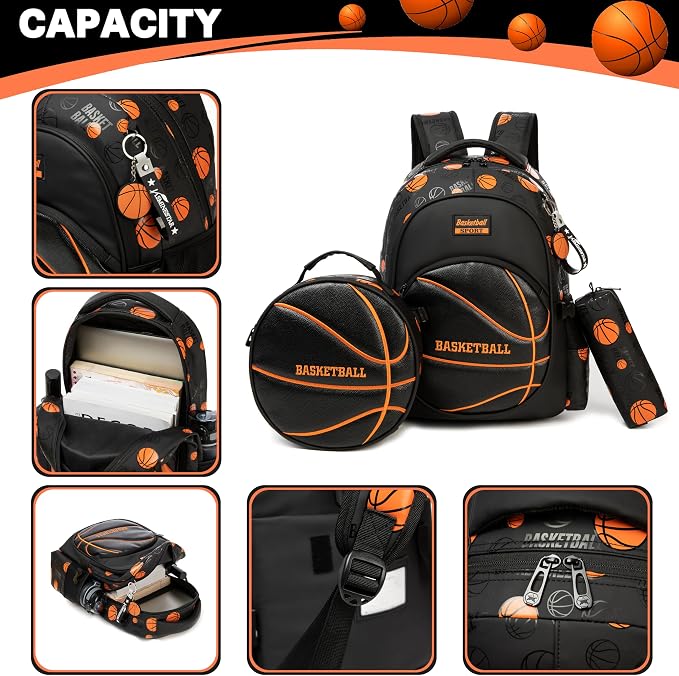 Boys' School Backpack with Lunch Box and Pencil Case - Ideal for Teens and Middle School Students, Black Basketball - Image 4
