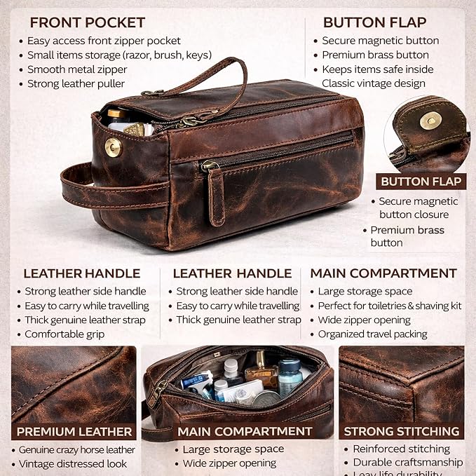 cuero Genuine Buffalo Leather Unisex Toiletry Bag Travel Leather Dopp Kit Made With High Class Buffalo Leather - Image 3