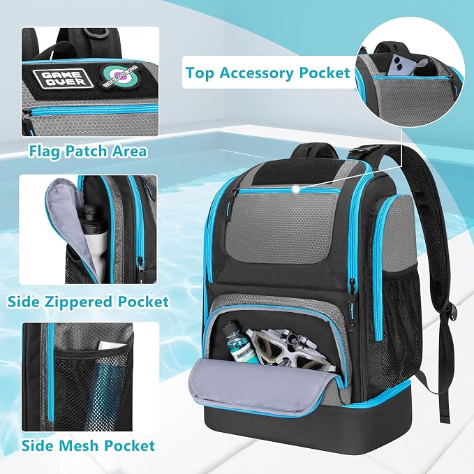 GOBUROS Swim Bag for Swimmers with Shoe Compartment, Swim Backpack for Men and Women, Swimming Bag with Multiple Pockets for Swim Gear Organization, Gray - Image 3
