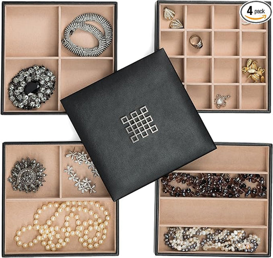 Glenor Co Jewelry Organizer Tray - 4 Stackable Trays & Lid with Mirror - 27 Slot Storage for Drawer, Dresser - Black by GlenorCo