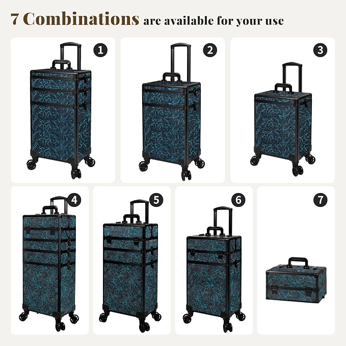 Rolling Makeup Train Case with Lid Cosmetology Case on Wheels | 5 in 1 Large Cosmetic Trolley Organizer Travel for Hairstylist Artist Nail Beauty Salon Barber Cart Trunk, Blue - Image 6